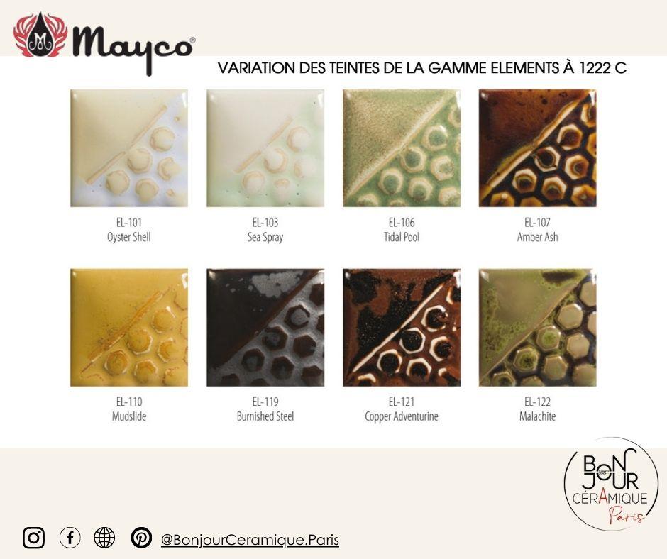 viariation des teintes du nuancier email faience mayco gamme elements à 1220°C