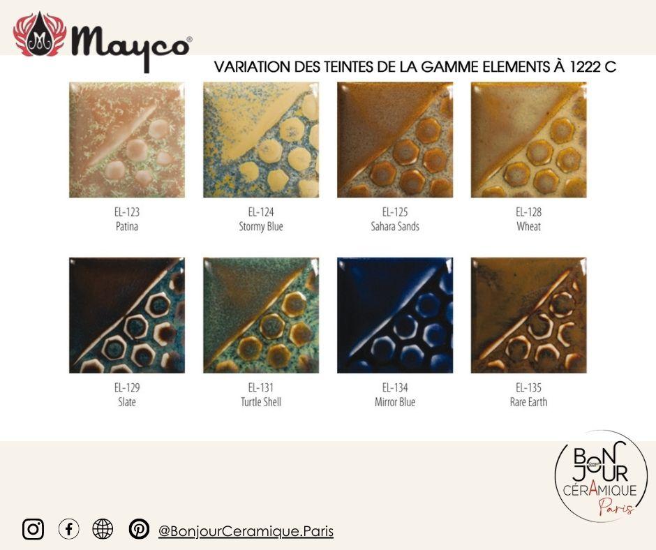 viariation des teintes du nuancier email faience mayco gamme elements à 1220°C