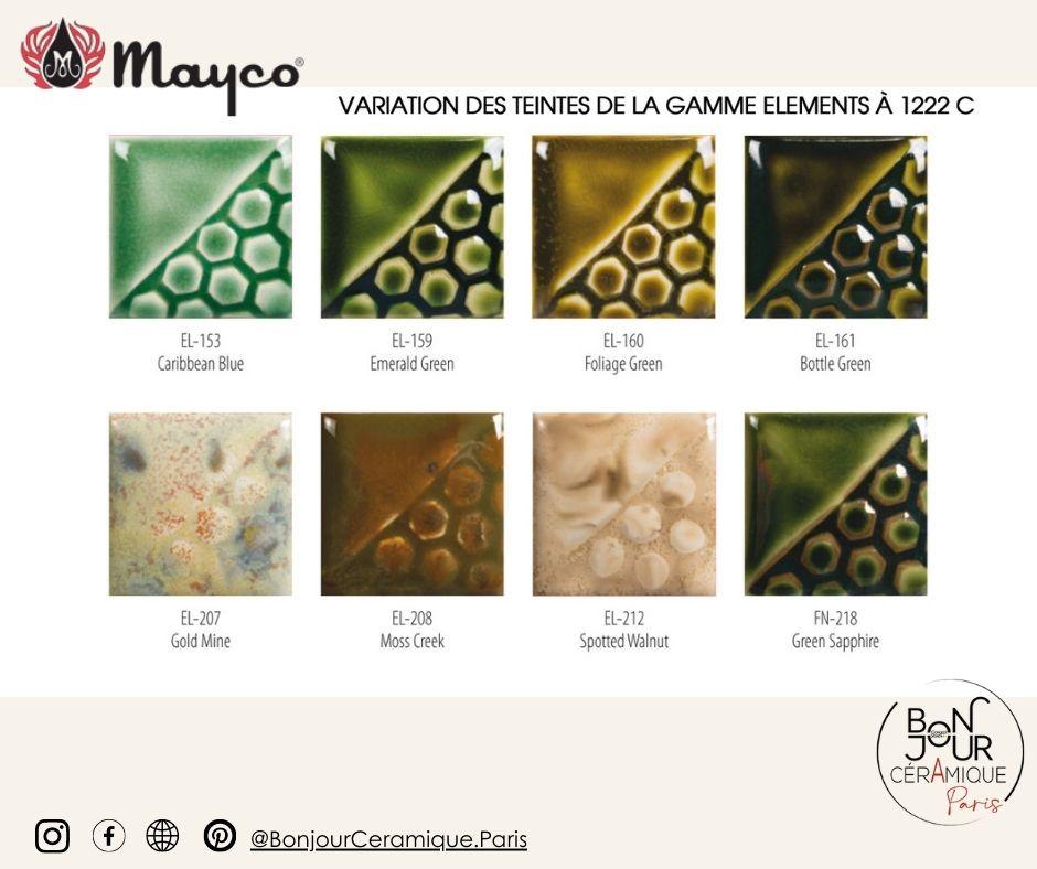 viariation des teintes du nuancier email faience mayco gamme elements à 1220°C