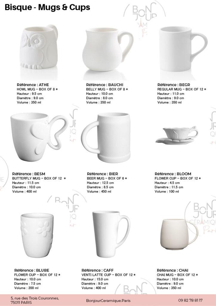 Mugs et Tasses en biscuit de faïence blanche. À personnaliser sans limite