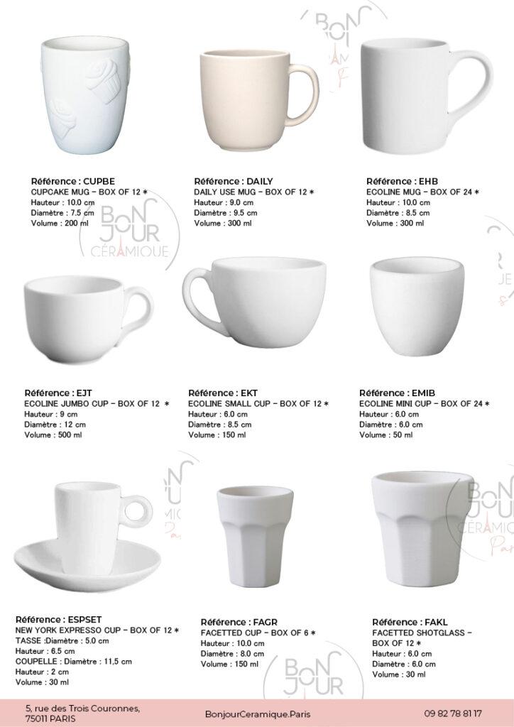 Mugs et Tasses en biscuit de faïence blanche. À personnaliser sans limite