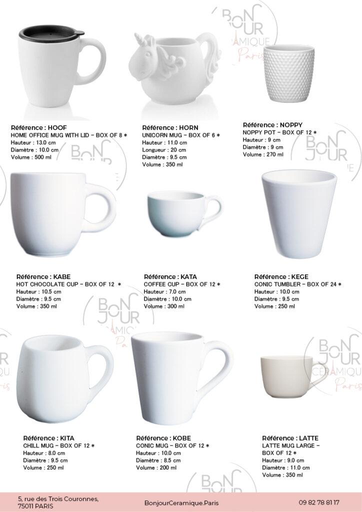 Mugs et Tasses en biscuit de faïence blanche. À personnaliser sans limite