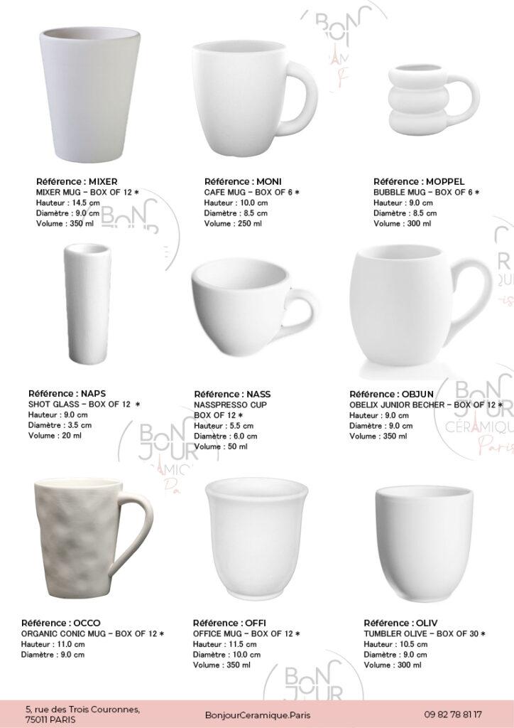Mugs et Tasses en biscuit de faïence blanche. À personnaliser sans limite
