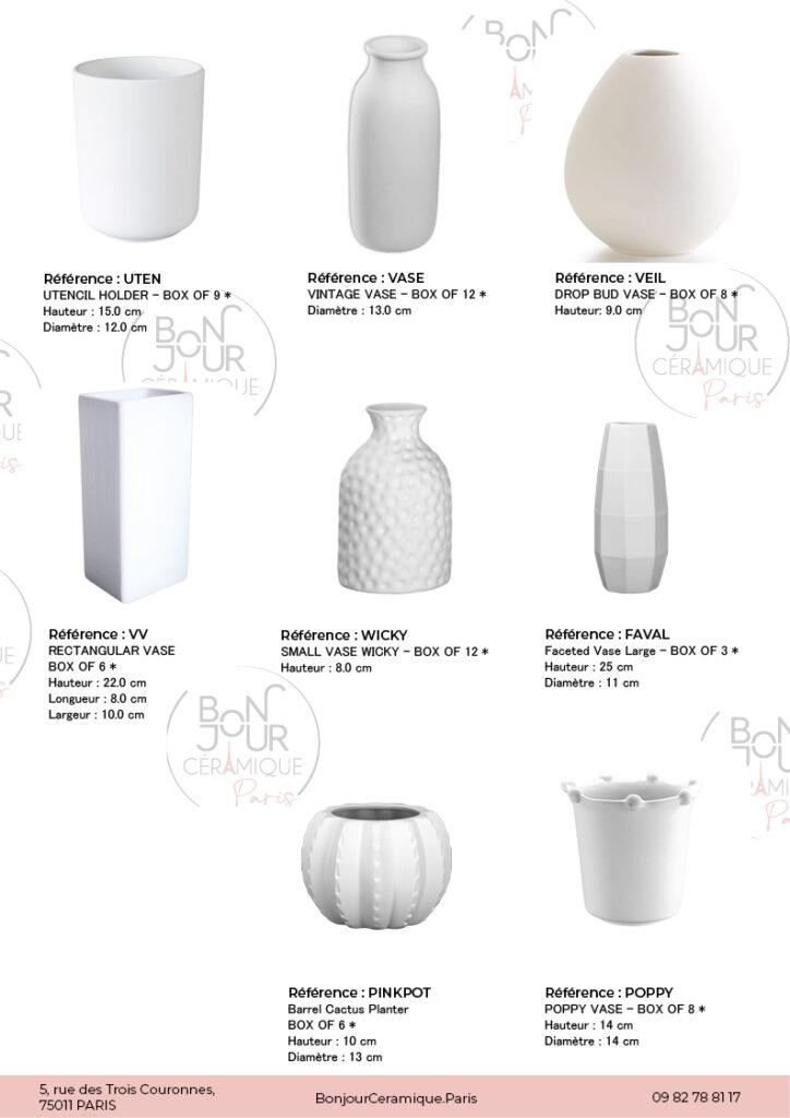Vases et pots de fleurs en biscuit de faïence blanche. À personnaliser sans limite