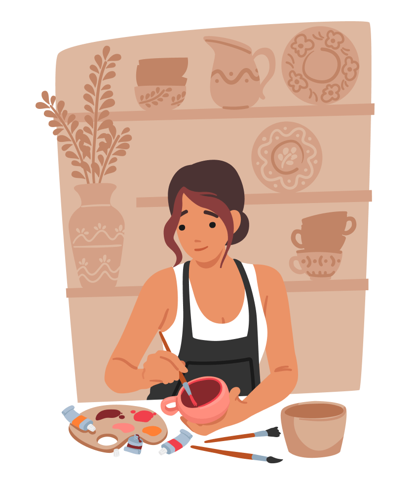 Illustration d'une femme qui engobe ou émaille un pot en céramique dans un atelier de poterie